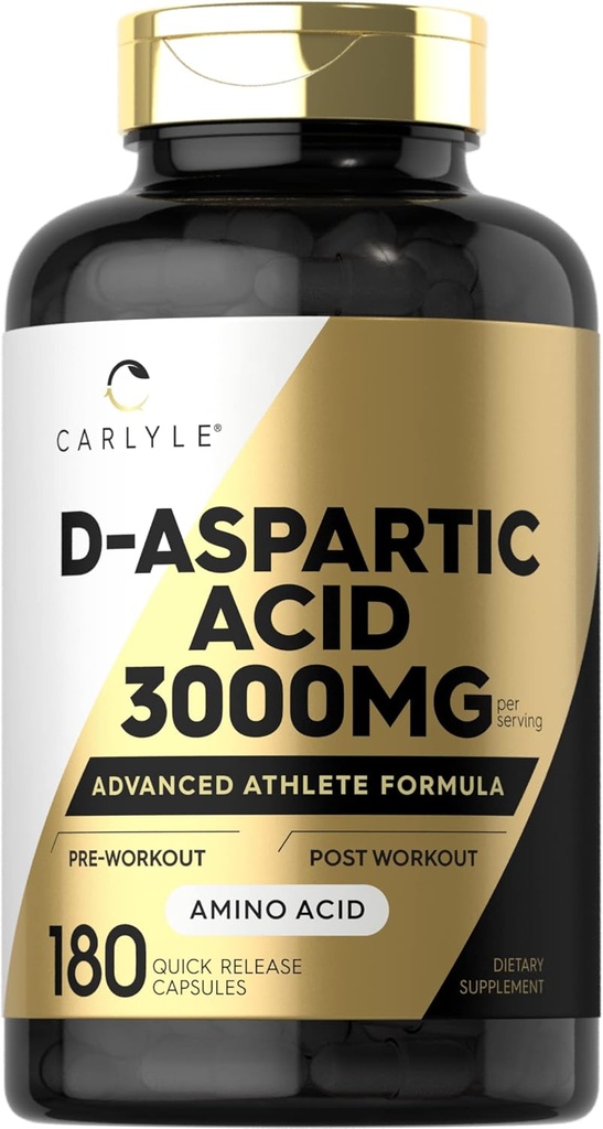 Carlyle D Aspartic Acid Supplement for Men and Women | 3000 mg | 180 Capsules | DAA Pills | Advanced Athlete Formula | Non-GMO & Gluten Free Supplement
