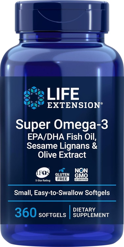 Life Extension Super Omega-3 360 Softgels, Easy to Swallow, EPA/DHA Omega3 Fish Oil, Sesame Lignans & Zeytinyağı