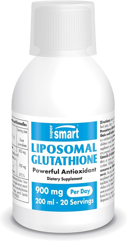 Supersmart - Liposomal Glutathione Liquid 900mg per Day (High Potency) - Highly Bioavailable Form of Glutathione - Enhanced Antioxidant with Vitamin C | Non-GMO & Gluten Free - 200ml - 20 Servings