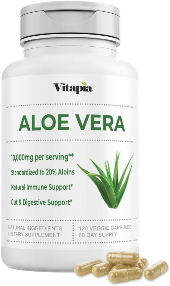 Organik Aloe Vera Capsules% 20 Aloins Supplement - Saf İç Banyo Gel Yoğun - Gut Health, Skin, Immune Support - 120 Count - Non-GMO, Gluten-Free, Vegan