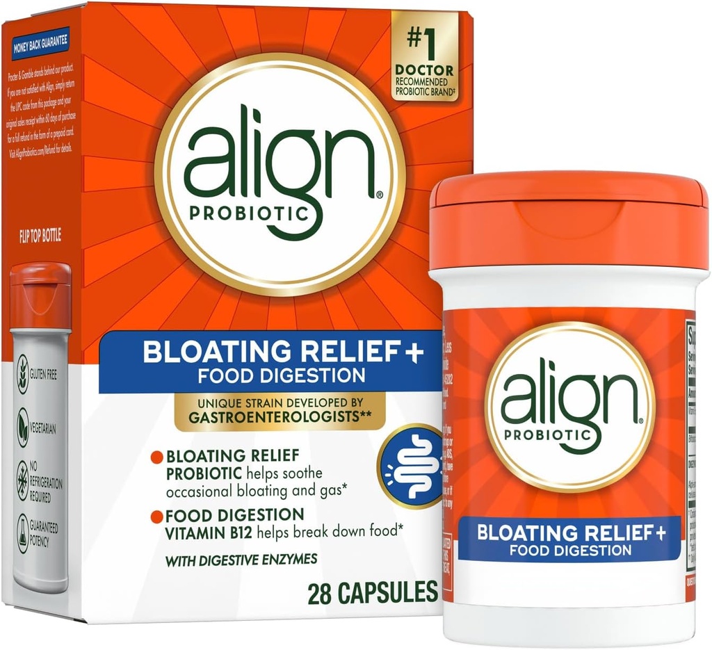 Align Probiotic Bloating Relief + Food Digestion, Probiotics for Women and Men, #1 Doctor Recommended Brand‡, Promotes Digestive Health and Helps Support the Metabolism of Food*, 28 Capsules