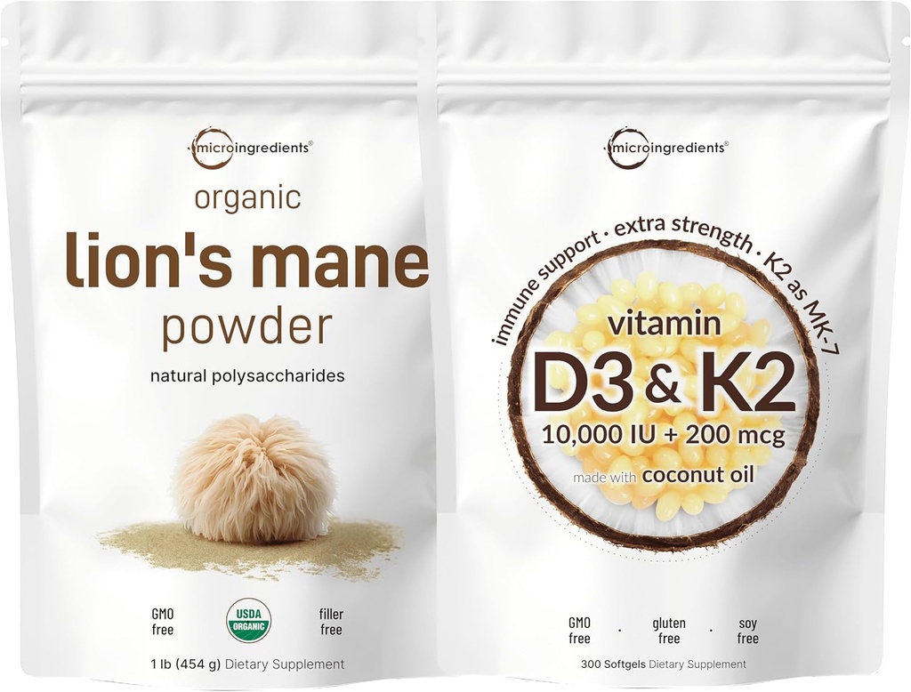 Micro Συστατικά Βιταμίνη D3 10.000iu + K2 200mcg Λάδι καρύδας Softgels & Lions Mane Mushroom συμπλήρωμα σκόνης Bundle 2 Pack 
