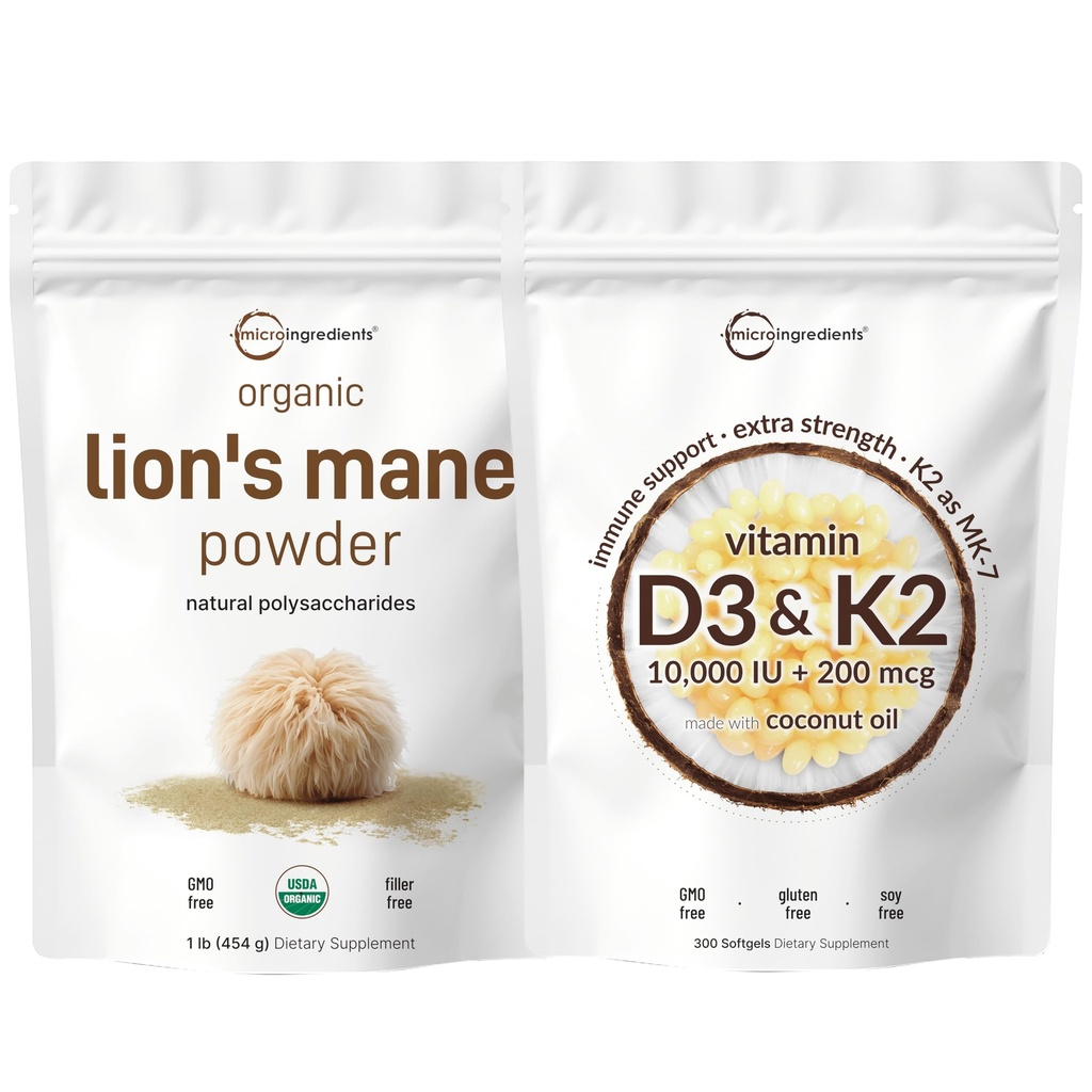 Mikro Malzemeler D3 10.000iu + K2 200 mcg Coconut Oil Softgels & Lions Mane Mushroom Supplement Toz Paket 2 Pack | Essential Sunshine Vitamins | Natural Superfood for Brain, Energy, & Immu