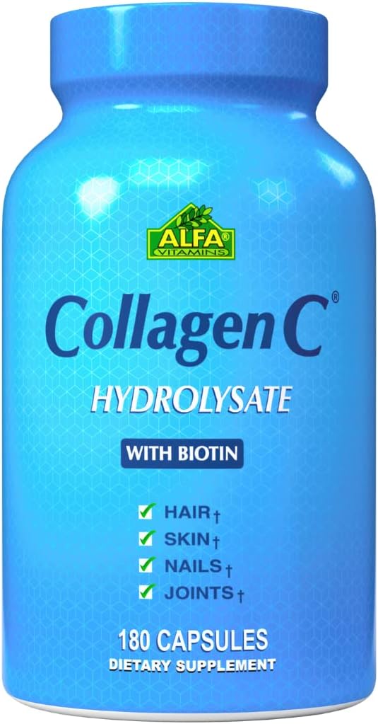 CollagenC - Clolagen Hydrolysate κάψουλες με βιοτίνη από την Alfa Vitamins - Συμπλήρωμα διατροφής κατά της γήρανσης για το δέρμα, τα νύχια και την αποκατάσταση των μαλλιών - Υποστηρίζει τα οστά & τους μυς - Made in USA - 180 Κάψουλες