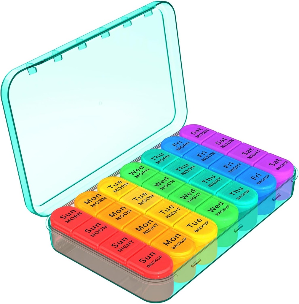 Daviky Pill 4 Times a Day Weekly, Pill Box Travel Pill Case, Daily Medicine Organizer 7 Gün, Büyük Pill konteynerleri Vitaminler, Pills, Supplements (Cyan)