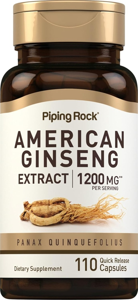Piping Rock American Ginseng Capsules | 1200 mg | 110 Pills | Root Extract Supplement | Panax Quinquefolius | Non-GMO, Gluten Free Free