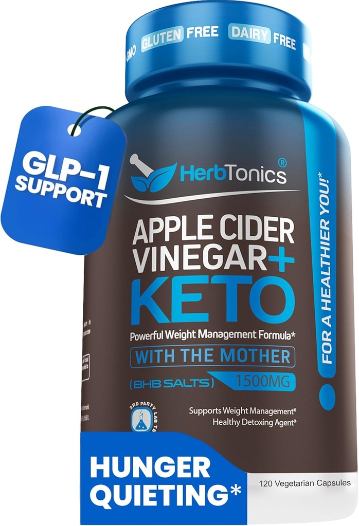 Herbtonics Apple Cider Vinegar ile Keto BHB Salts - GLP-1 Destek Tamam | Kadınlar ve Erkekler için Keto Diyet Pills | Destekler Appetite & Metabolic Fonksiyonu | 120 DW ACV Capsules
