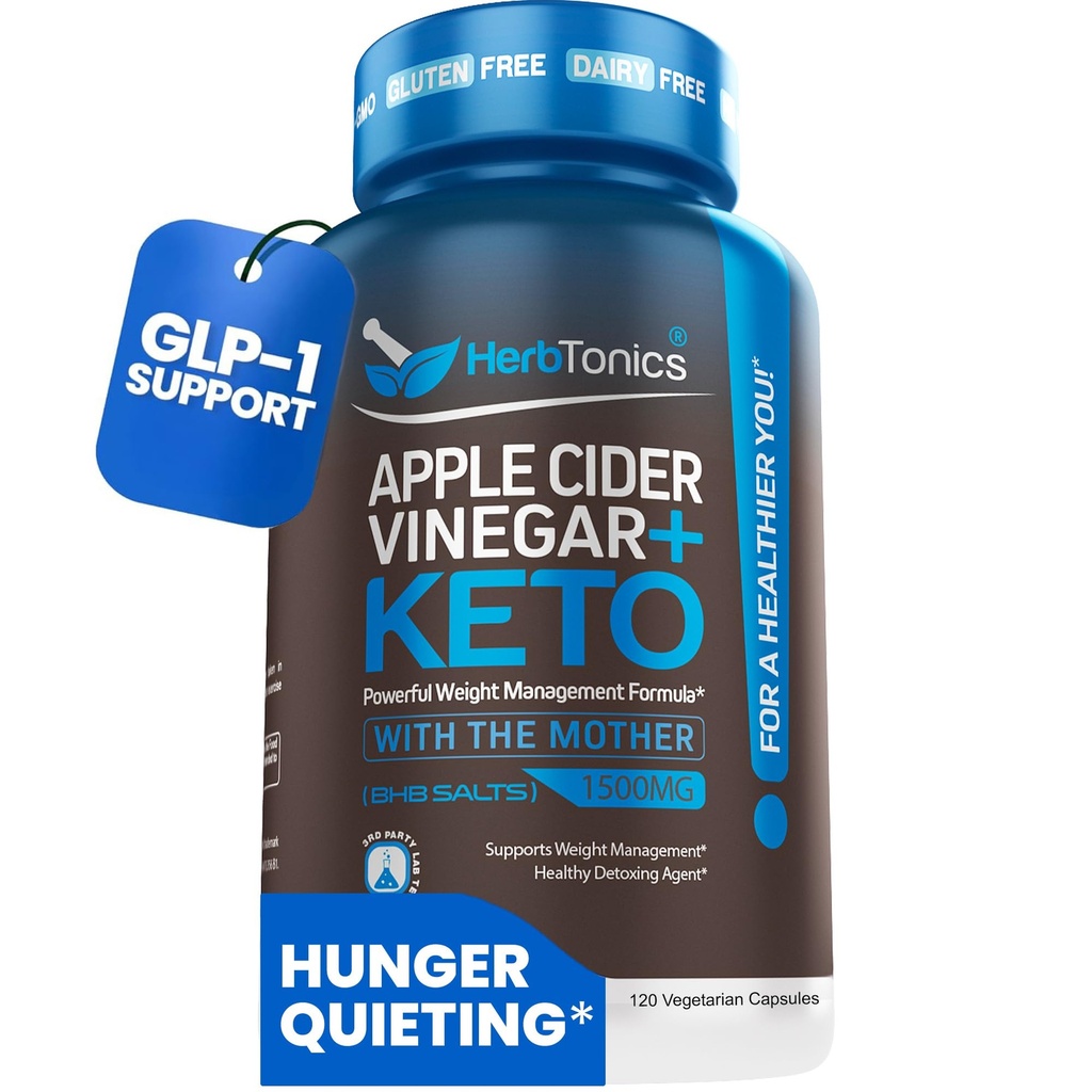 Herbtonics Apple Cider Vinegar ile Keto BHB Salts - GLP-1 Destek Tamam | Kadınlar ve Erkekler için Keto Diyet Pills | Destekler Appetite & Metabolic Fonksiyonu | 120 DW ACV Capsules