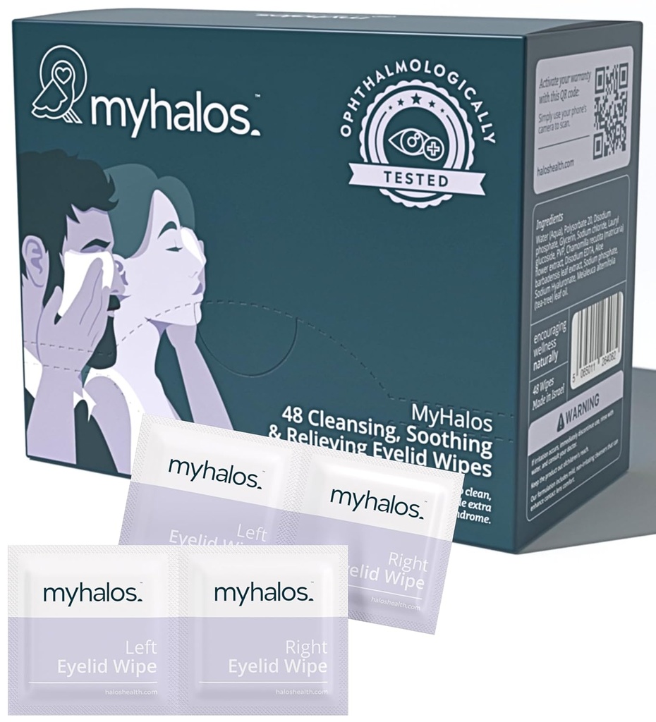 MyHalos® 48 Hydrating Eyelid Wipes for Kuru Eye Relief - Moisturizing & Soothing Eye Wipes with Tea Tree - Helps with Blepharitis & Computer Vision Sendromu, Blepharitis Tedavisi