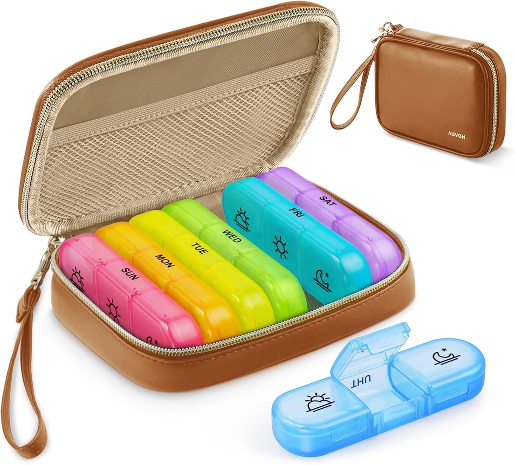 AUVON Haftalık Pill Organizer 3 Zaman Bir Gün, Büyük Pill Box 7 Gün A PU Deri Bag, Protabel Travel Pill Case Drug Hatırlatma, Günlük Pill Box 3 Zaman Vitaminler Günü, Balık Yağları, Tamamlar