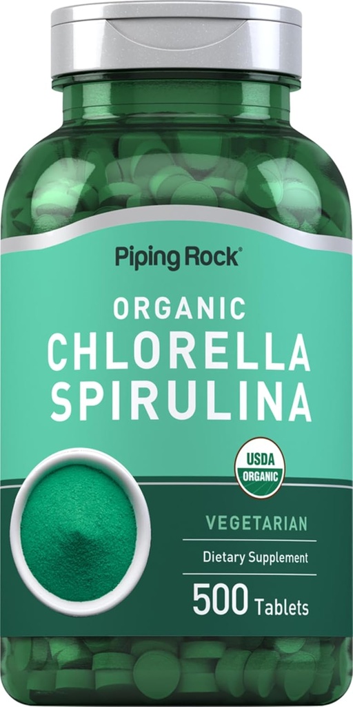 Piping Rock Chlorella Spirulina Organik | 500 Tablet | Vegetarian Pills | Non-GMO, Gluten Free Supplement