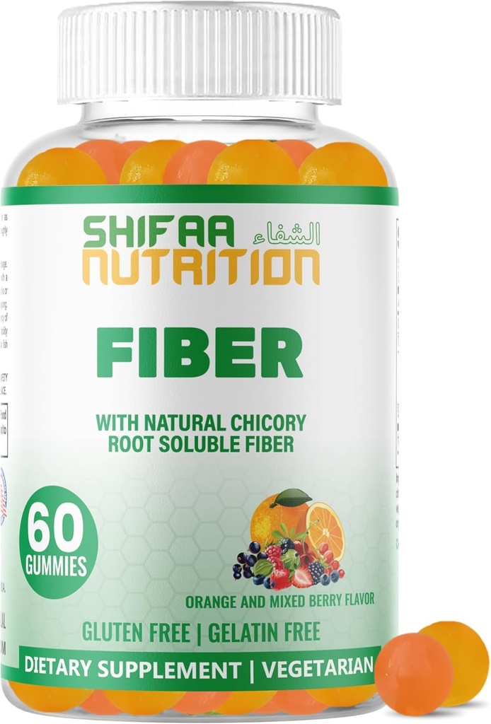 SHIFAA UUTRITION Halal & Gluten Free Fiber Gummies for Kids & Yetişkinler | 4g, 30-60 Hizmetler | 60 Gummies | Dugestive Health, Immunity & Gut Health | Vegan Prebiyotik | Non-GMO, Gelatin-Free Free