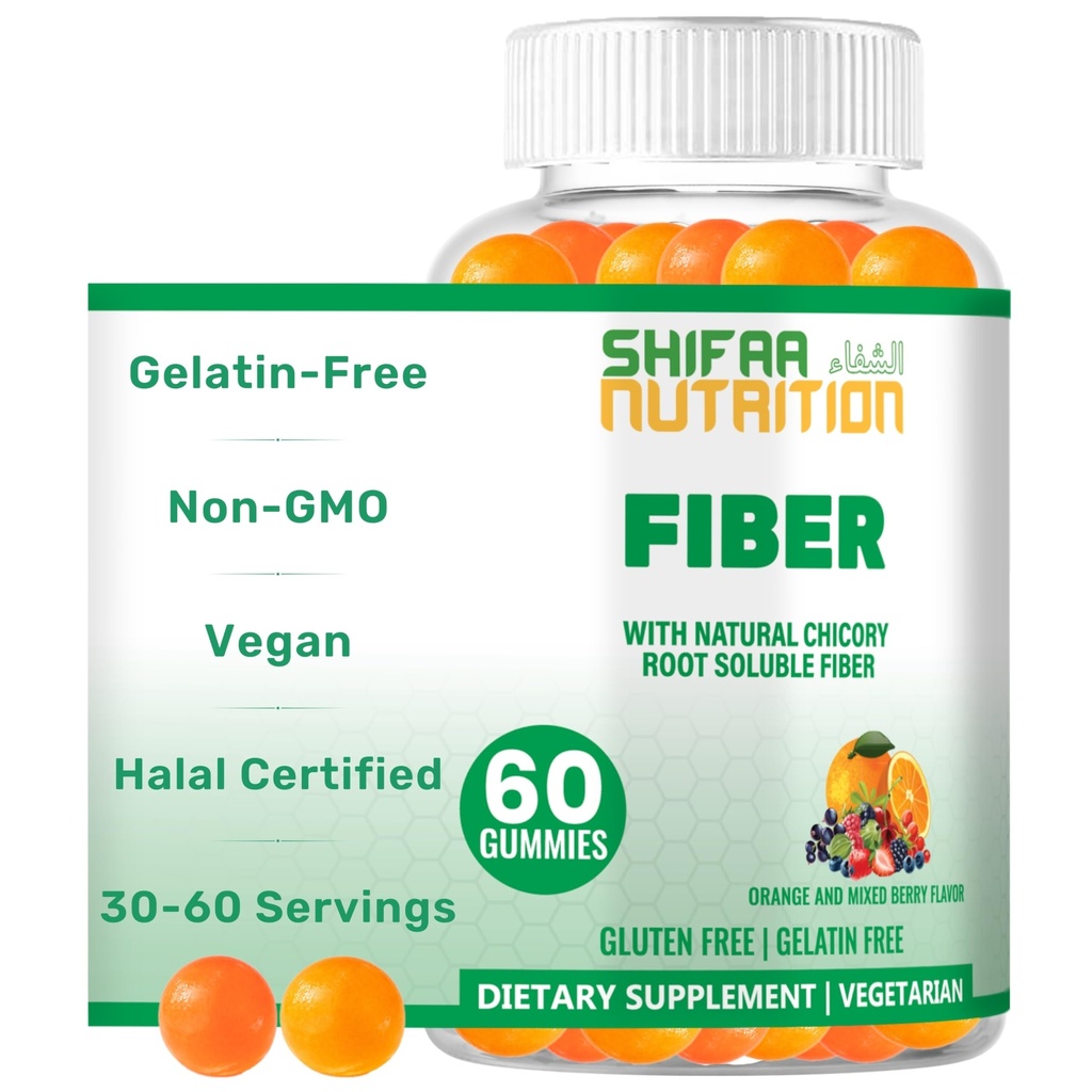 SHIFAA UUTRITION Halal & Gluten Free Fiber Gummies for Kids & Yetişkinler | 4g, 30-60 Hizmetler | 60 Gummies | Dugestive Health, Immunity & Gut Health | Vegan Prebiyotik | Non-GMO, Gelatin-Free Free