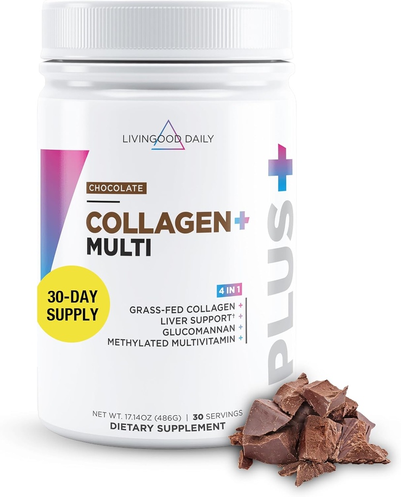 Livingood Daily Collagen Powder for Women & Men, Grass Fed Hydrolyzed Collagen Peptides, Protein & Multivitamins for Healthy Hair, Skin & Nails, Keto & Paleo, Χωρίς γλουτένη, Σοκολάτα, 30 Μερίδες
