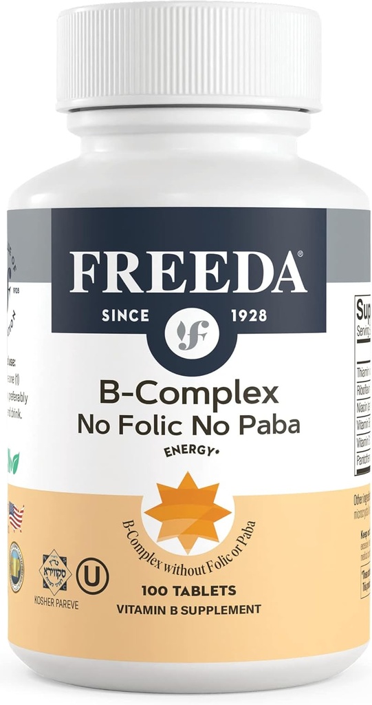 Freeda Vitamin B Kompleksi No Folic No PABA - Super B Complex Kosher Vitamini B3 Vitamin B5 B6 Vitamin B12 - Kadınlar ve Erkekler için B Kompleks B