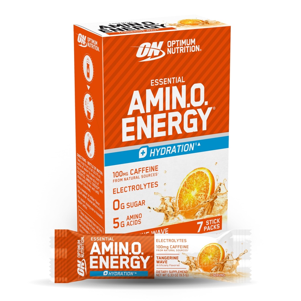 Βέλτιστη διατροφή Απαραίτητη Amino Energy Plus Ηλεκτρολύτες Stick συσκευασίες, Energy Powder, Tangerine Wave, 7 Count