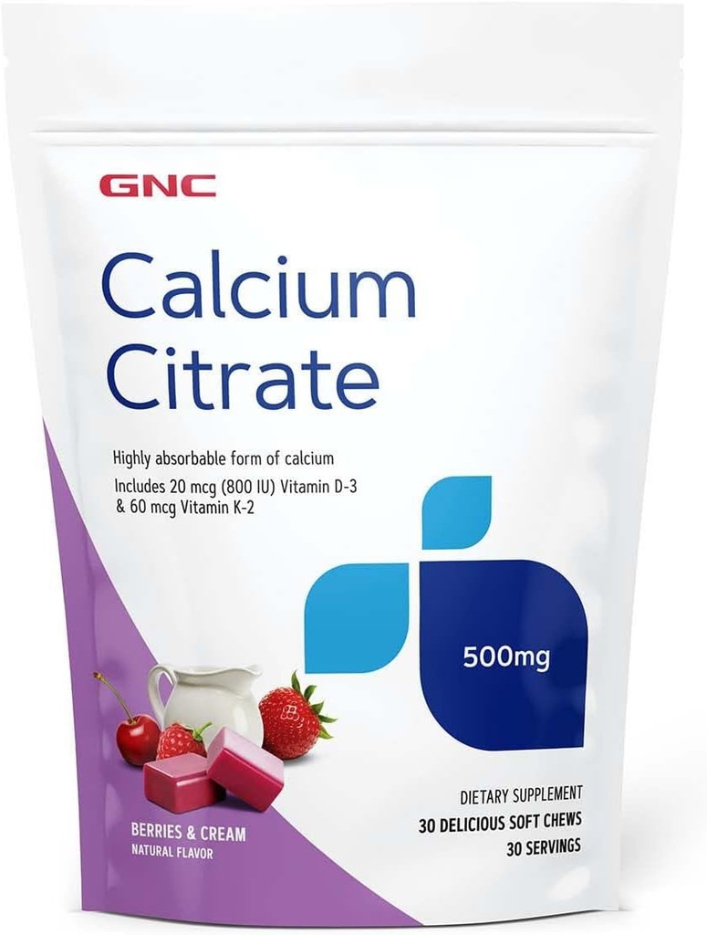 GNC Citrate ασβέστιο 500mg μαλακά μάσημα, εξαιρετικά απορροφήσιμη μορφή ασβεστίου, μούρων & κρέμας, 30 Count