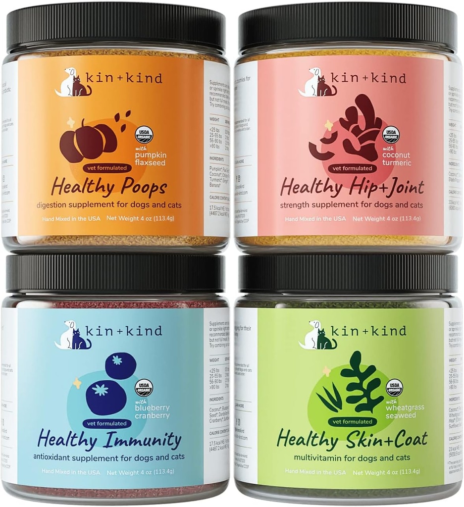 kin+kind Superfood Set για σκύλους & γάτες - Boost Immunity, Προωθεί το υγιές δέρμα & παλτό, Hip & Joint, Healthy Digetion - Made in USA - Superset (4 x 4 oz)