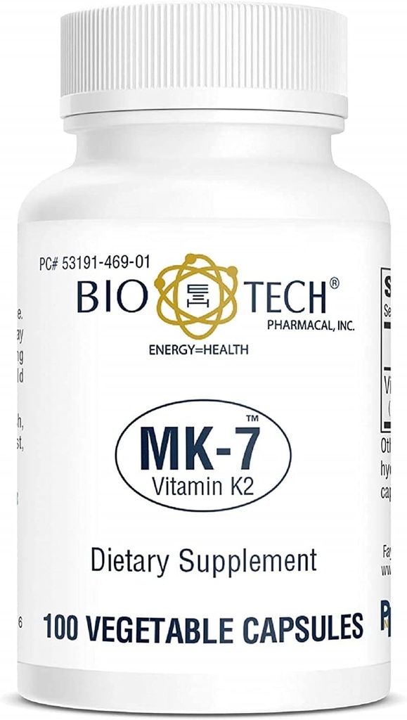 Bio-Tech Pharmacical MK-7 (Vitamin K2), 100 κάψουλες λαχανικών – All-Φυσικό συμπλήρωμα – Υποστήριξη Καρδιαγγειακής & Οστικής Υγείας – Όχι γαλακτοκομικά, ψάρια, γλουτένη, φυστίκι, Shellfish, ΓΤΟ, Kosher, Halal, & σόγια –