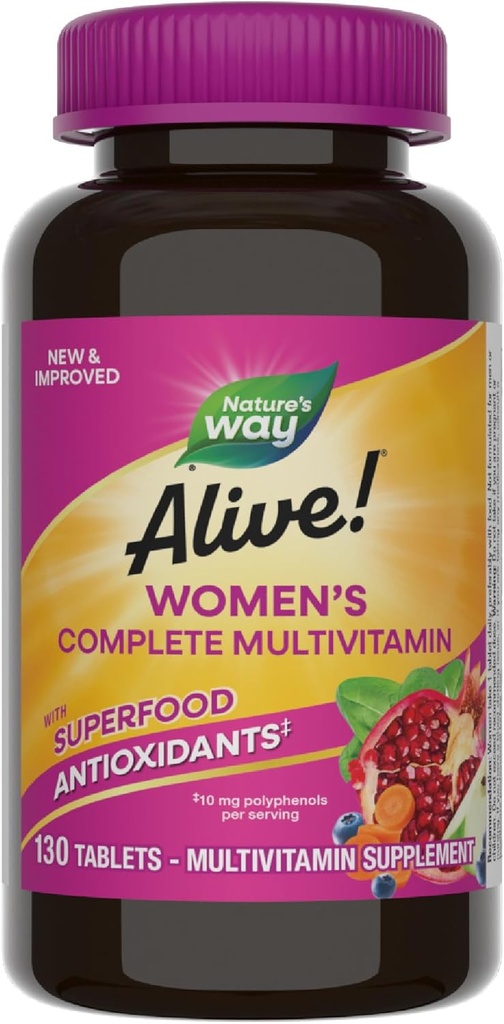 Doğanın Yolu Alive! Daily Complete Multivitamin for Women, Supports Energy Metabolism, Saç, Skin & Nails*, B-Vitamins, Superfood Antioksits, 130 Tablet (Pazarlama)