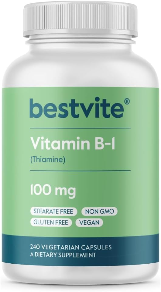 BESTVITE Vitamin B-1 100 mg (240 Vejetaryen Capsules) - No Stearates - No Dicalcium Phosphate - Vegan - Non GMO - Gluten Free