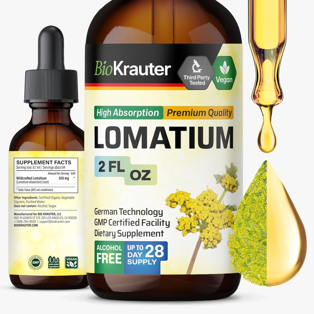 BIO KRAUTER Lomatium Root Tincture - Vegan Respiratory Support Supplement - Lomatium Dissectum Liquid Extract - Alkol & Sugar Free - 2 Fl.Oz.