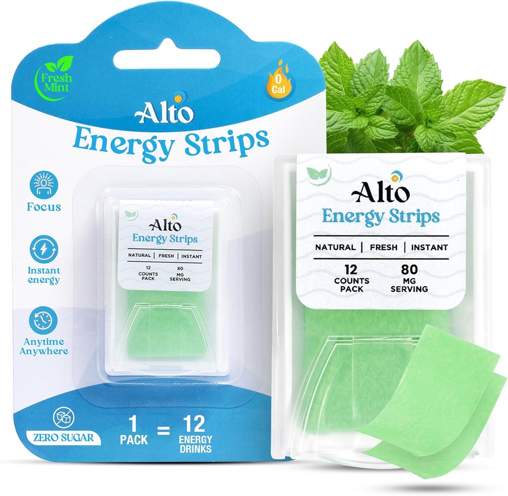 Alto Energy Strips, hizmet başına 80 mg Natural Caffeine ile - 10X Faster Abors | 12 Deliciously Minty Strips , 12 Energy Drinks | Energy and Focus Boost Anytime, Anywhere – 1 Pack