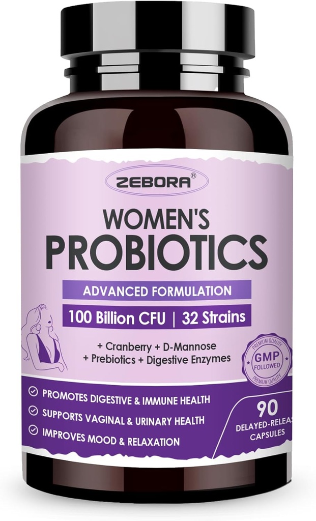 ZEBORA Kadınlar için Probiyotikler Enzymes & Prebiyotiks 100 Milyar CFUs / Vaginal Probiyotiks with D Mannose & Cranberry | Urinary Tract Health | Immune Support, 90 Capsules