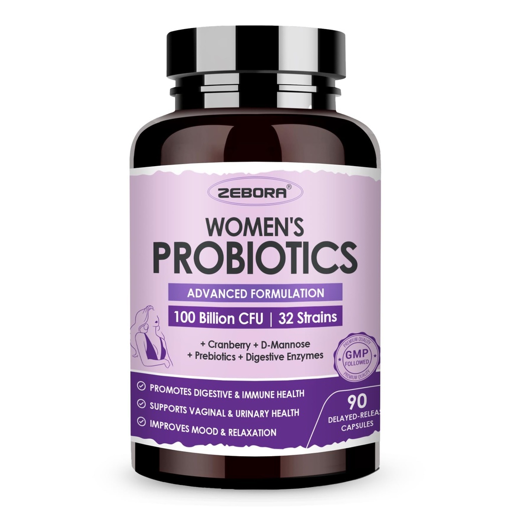 ZEBORA Kadınlar için Probiyotikler Enzymes & Prebiyotiks 100 Milyar CFUs / Vaginal Probiyotiks with D Mannose & Cranberry | Urinary Tract Health | Immune Support, 90 Capsules