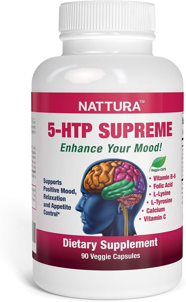 Nattura 5-HTP Yüksek - Pozitif Mood, Relaxation ve Appetite Control - 5-HTP, L-Tyrosine, L-Lysine, B6, Folate (Folic Acid), Vitamin C (Ascorbici)