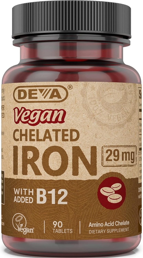 Deva Beslenme Vegan Chelated Iron 29 mg Forized with B-12 - High Potency, Easy to Swallow - 90 Tablet, 1-Pack