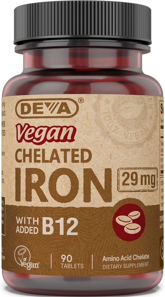 Deva Beslenme Vegan Chelated Iron 29 mg Forized with B-12 - High Potency, Easy to Swallow - 90 Tablet, 1-Pack