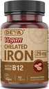 Deva Beslenme Vegan Chelated Iron 29 mg Forized with B-12 - High Potency, Easy to Swallow - 90 Tablet, 1-Pack