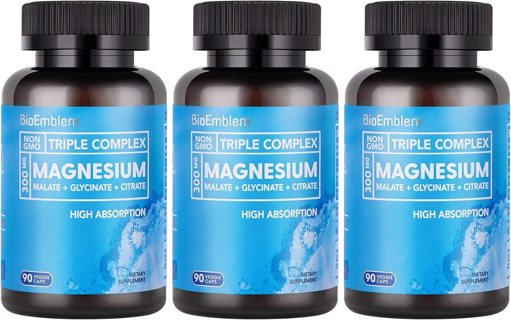 BioEmblem High Absorption Triple Magnesium Complex 300mg | Magnesium Glycinate for Nerves, Malate for Energy, Supplement to Support Muscle Health | Vegan, Non-GMO 270 Capsules