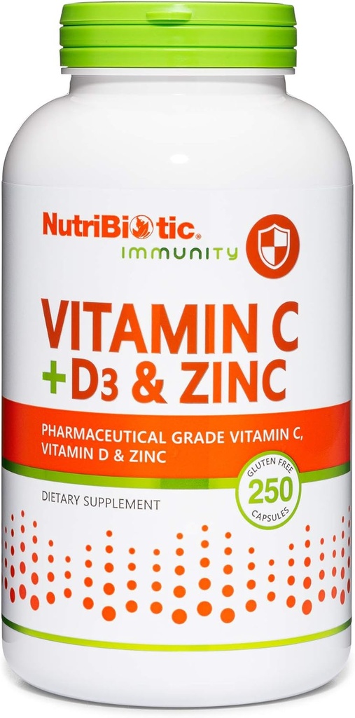 NutriBiotic – Βιταμίνη C + βιταμίνη D3 & ψευδάργυρος, 250 κάψουλες 