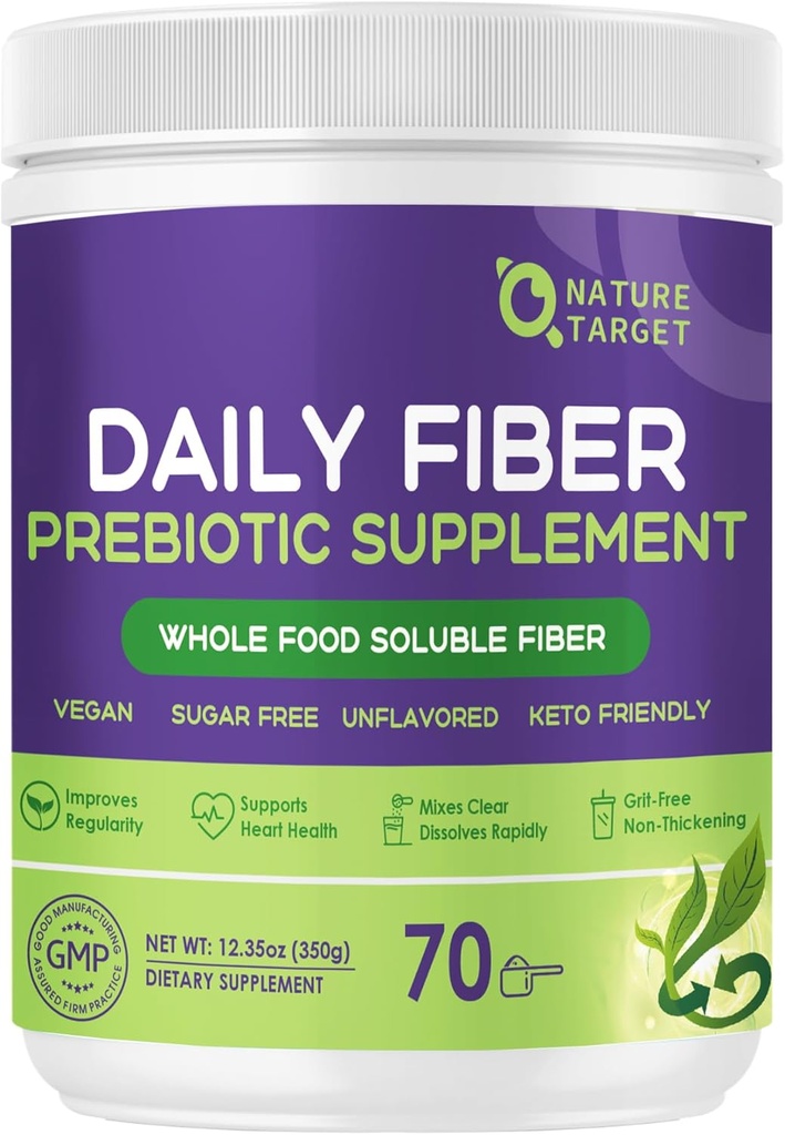 NATURE TARGET Daily Fiber Supplement - Soluble Prebiotic Fiber Powder for Gut Health, Whole Food High Fiber for Digestive Health & Regularity, Unflavoured, Gluten & Sugar Free, Keto - 70 Σερβιρίσματα