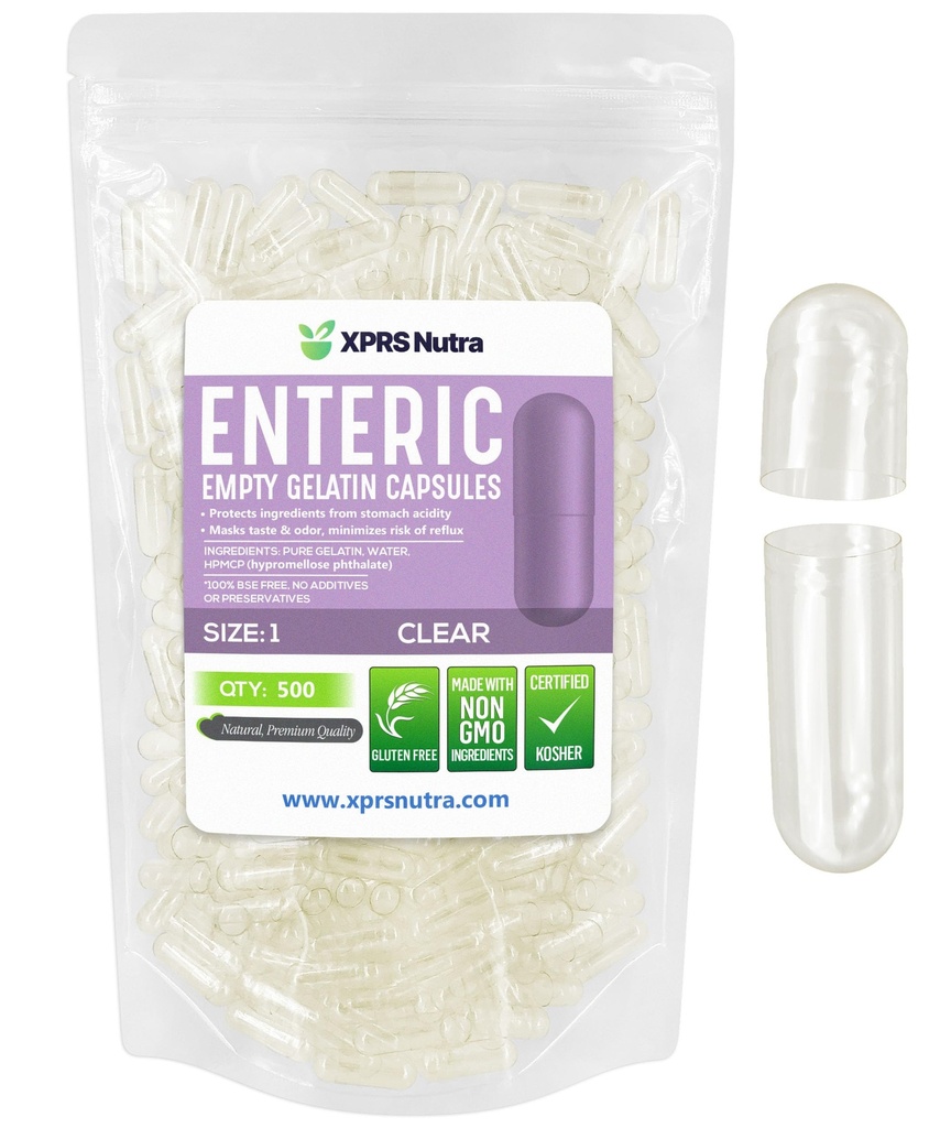 XPRS Nutra Μέγεθος 1 Κενές κάψουλες - 500 Count Clear Enteric Coated Empty Gelatin Κάψουλες - χάπια καθυστερημένης αποδέσμευσης - DIY Capsule Filling - Pure Bovine Empty Enteric Gel Caps