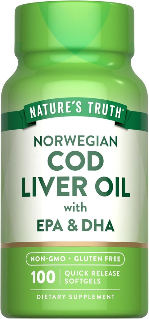 Nature's Truth Norveç Cod Liver Oil | 100 Softgels | EPA & DHA | Non-GMO & Gluten Free Supplement Supplement