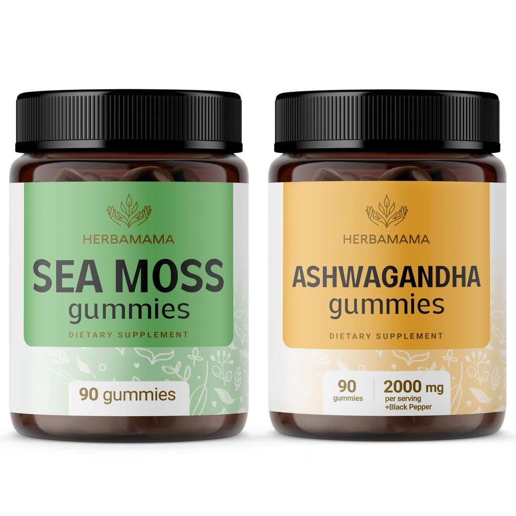 HERBAMAMA Deniz Moss ve Ashwagandha Kit - Bladderwrack & Ashwagandha Root Gummies - Vegan, Non-GMO, Gelatin-Free - 2 Pack