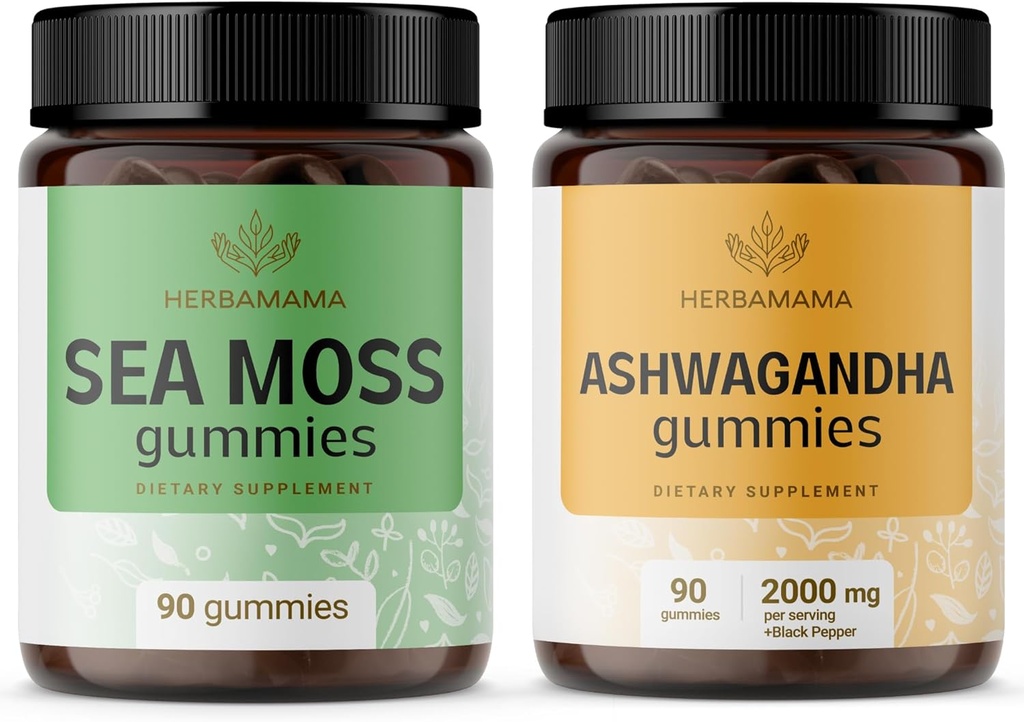 HERBAMAMA Sea Moss and Ashwagandha Kit - Bundle of 1600 mg Sea Moss with Bladderwrack & Ashwagandha Root Gummies - Vegan, Non-GMO, Gelatin-Free - 2 Pack