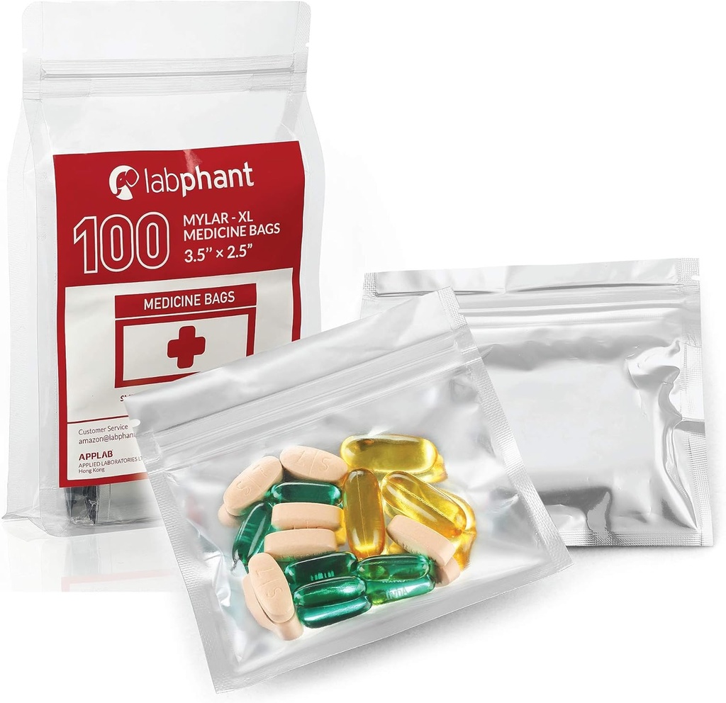 100 Pack Mylar Smell Proof XL Medicine Bags - Ziplock Accessory Bags with Double Tip Perm. Marker; Pill Pack Baggies for Medicine, Jewelry, Hardware; Zipper Sealed Pill Pouches (3.5 x 2.5", Silver)