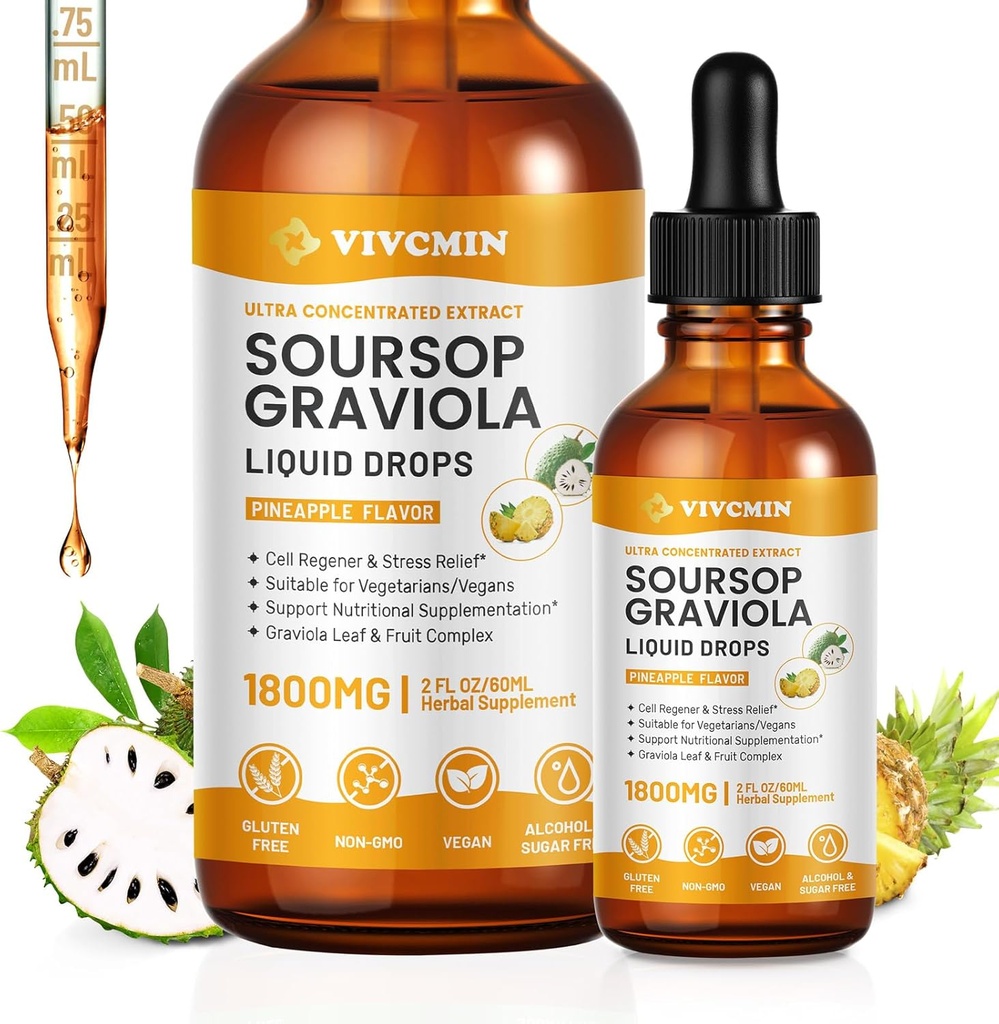Graviola Soursop Broşürü Sıvı - Soursop Bitters Sıvı, Destek Immune, Relax, Liver ve Sleep, Sugar & Alkol-Free, Highly Absorbable Formula, Pineapple Flavor, 2 Fl Oz