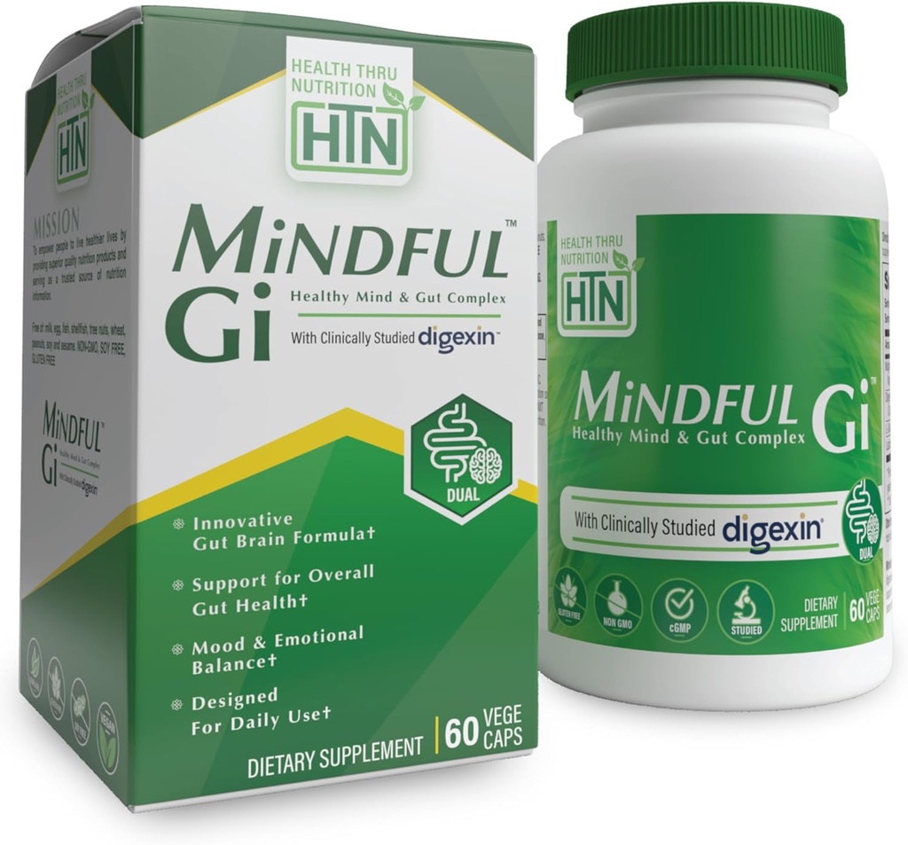 Sağlık Thru Beslenme Mindful GI - Sağlıklı Zihin & Gut Kompleksi | Digexin, Magnezyum, L-Glutamine ve Gut-Brain Axis Desteği için Probiyotik | Düzenlilık, Bloating, Calmness Supplement Supplement
