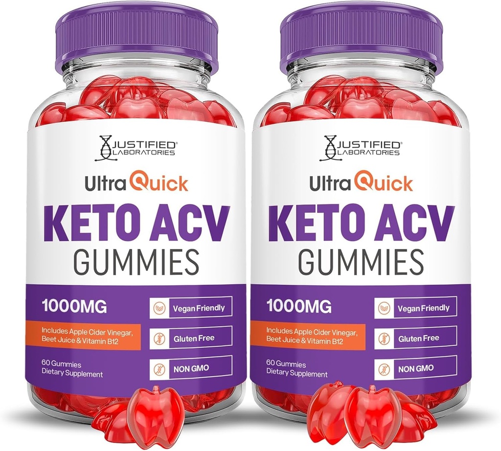 Justified Laboratories (2 Pack Ultra Quick Keto ACV Advanced Formula 1000MG Apple Cider Vinegar Formulad ile Pomegranate Beet Juice B12 Vegan Non GMO 120 Gummies