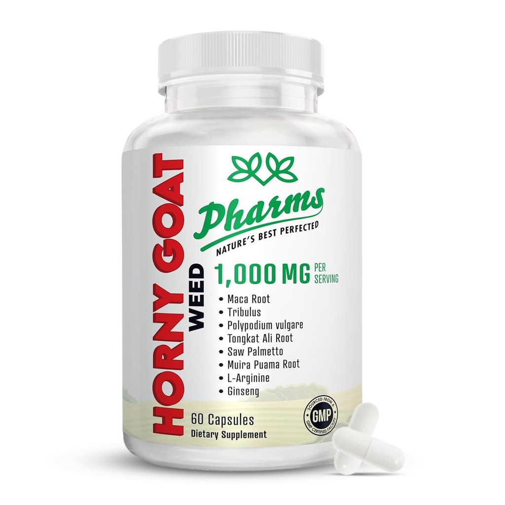 PHARMS Hornygoatweed for Men & Women (1,000 mg) - Enerji ve Stamina Capsules with Maca Root, Tribulus, Tongkat Ali, Saw Palmetto & Real - Kadın & Erkek Performans Teşvik Tamamlandı - 60 Capsules