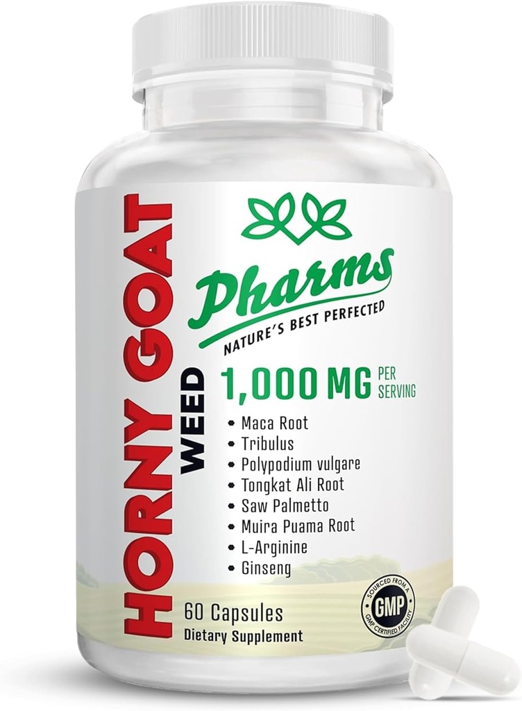 PHARMS Hornygoatweed for Men & Women (1. 000 mg) - Κάψουλες Ενέργειας & Σταματίνας με Maca Root, Tribulus, Tongkat Ali, Saw Palmetto & Ginseng - Γυναικείο & Ανδρικό Συμπλήρωμα Ενίσχυσης Απόδοσης - 60 Κάψουλες