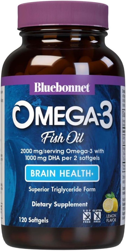 BlueBonnet Beslenme Omega-3 Beyin Doğal Wild Caught Triglyceride Form DHA 1000 mg EPA 210 mg, Yüksek Lisanslı Bilişsel Sağlık ve Sağlık Desteği Tamam, Gluten-Free Softgel, Sarı /Clear, Limon, 120 Kont