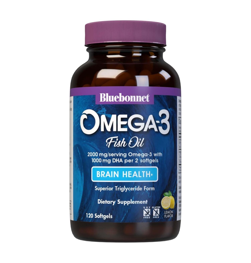 BlueBonnet Nutrition Omega-3 Brain Formula Natural Wild Caught Trigreede Form DHA 1000 mg EPA 210 mg, Εξαιρετικά συμπυκνωμένο συμπλήρωμα υποστήριξης γνωστικής υγείας και ευεξίας, χωρίς γλουτένη Softgel, κίτρινο/καθαρό, λεμόνι, 120 μέτρα