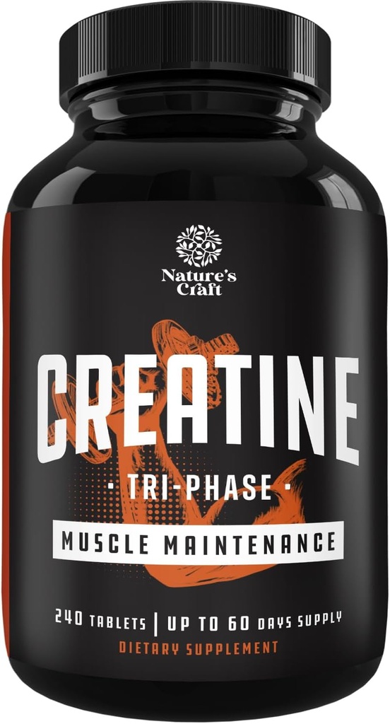 Natures Craft High Strength Tri Phase Kretine Tabletleri Kadınlar ve Erkekler için - Formula Coolt Kreta Monohidrat, 300 mg HCL & Pyruvate Supplement - Kas Mass Win & Recovery Supplement - 240 Tabletler