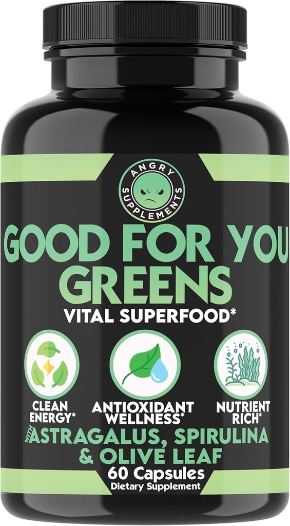 Angry Supplements Good for You Greens, Vital Green Super Food Blend for Immune Support Booster Formula, Infused with Spirulina, Astragalus Root, and Olive Leaf Root Extract (1-Bottle)